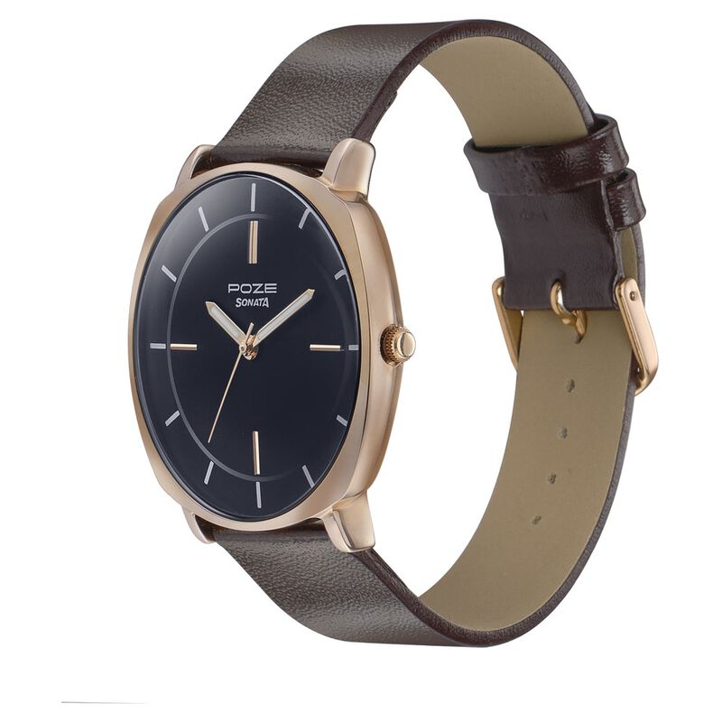 Sonata Poze Quartz Analog Black Dial Leather Strap Watch for Men - Image 2
