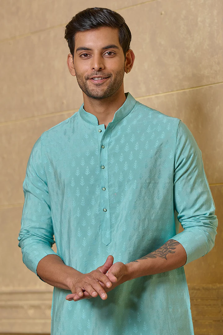 Light Blue Self Butta Jacquard Kurta Set - Image 3