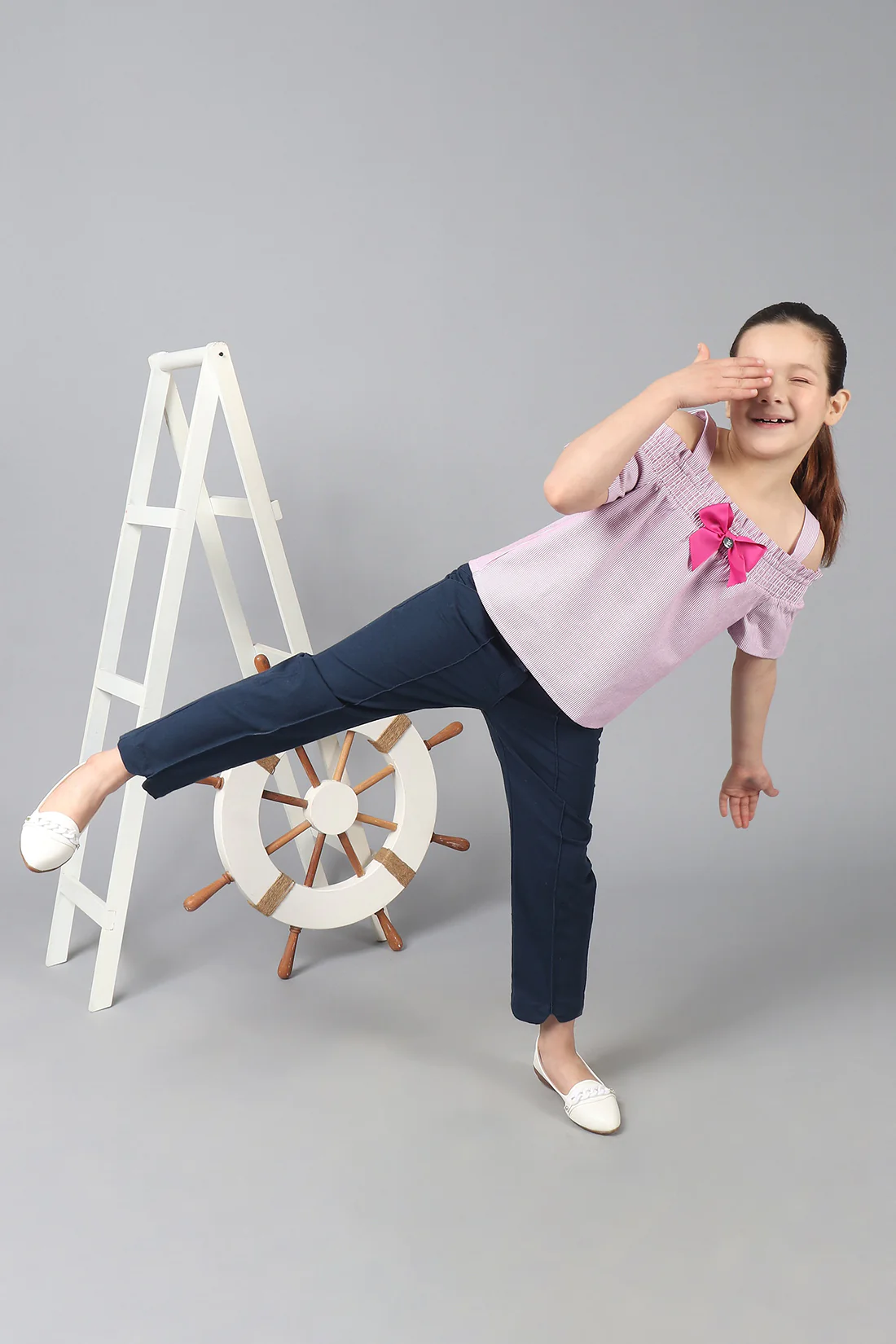 Kids Girls Navy Blue Cotton Cap Sleeves Top with Edge Lace - Image 2